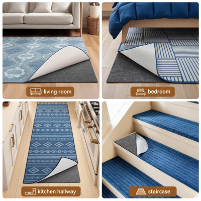 Songrey rug pad under bedside rug showing scale and noise reduction