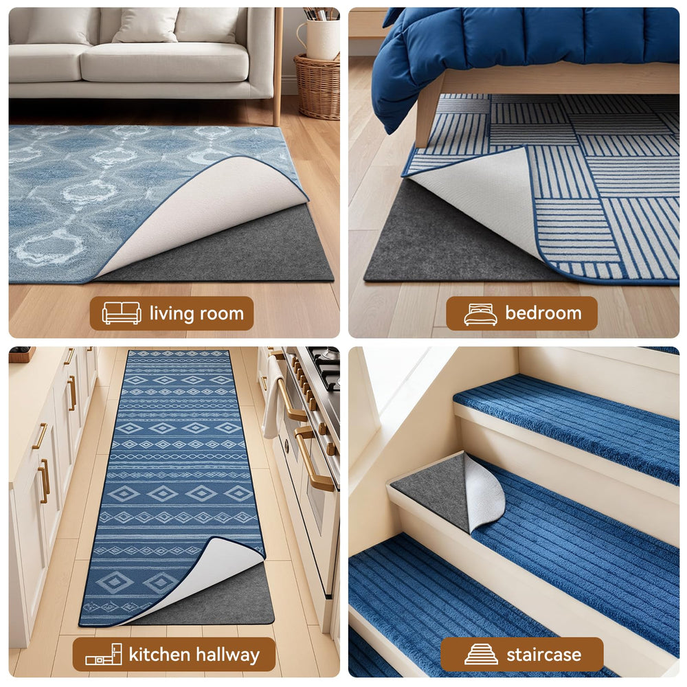 Songrey rug pad under bedside rug showing scale and noise reduction