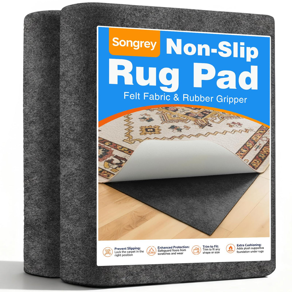 Songrey front view of rug pad packaging showing size and benefits