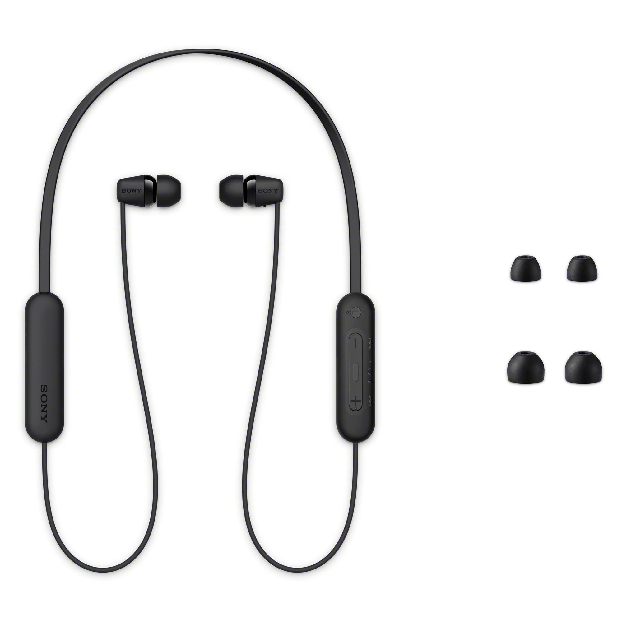 Primer plano de la banda y controles Sony WI-C100 para manejo fácil