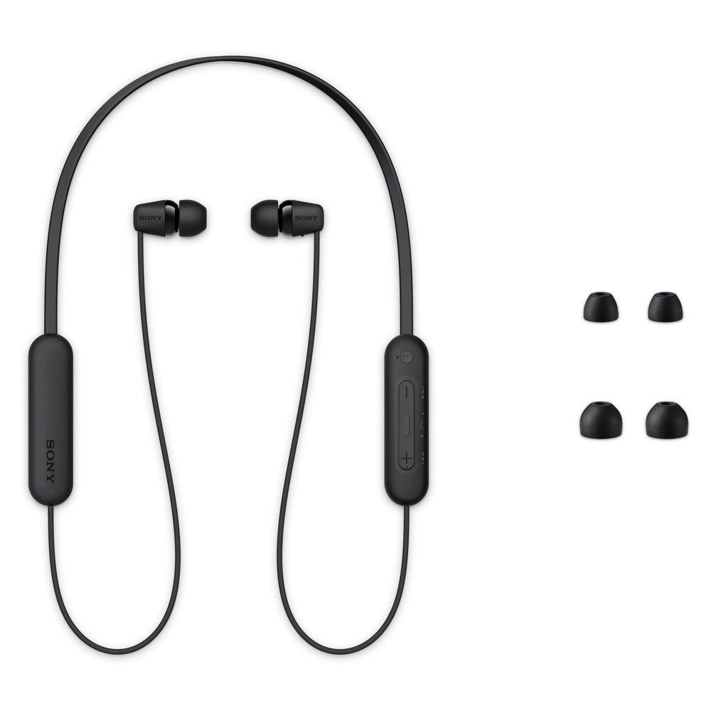 Primer plano de la banda y controles Sony WI-C100 para manejo fácil