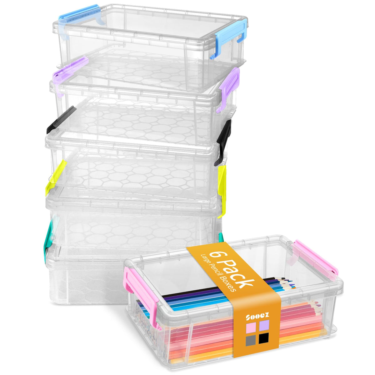 Sooez vista frontal del pack de seis cajas, organización visible y compacta