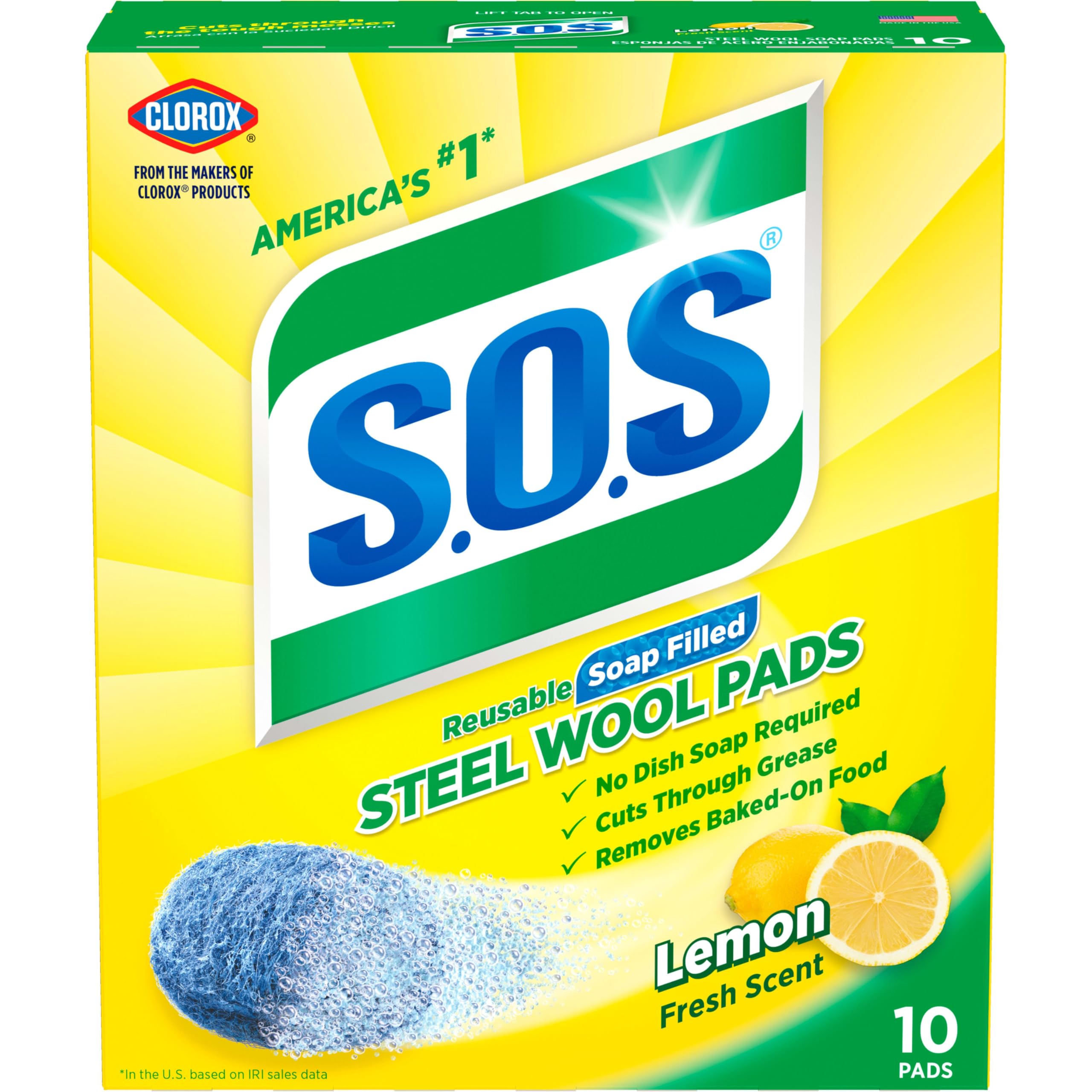 S.O.S almohadilla frontal del paquete mostrando 10 unidades y ventaja limpieza potente
