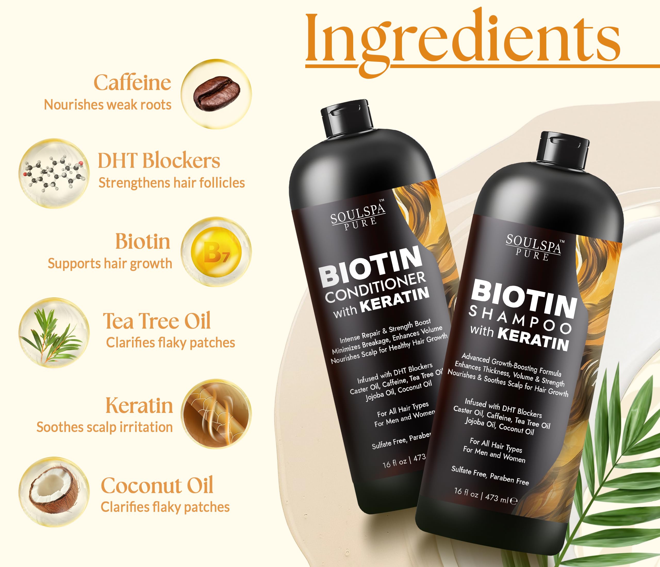 SOULSPA PURE etiqueta con ingredientes clave biotina y keratina beneficios