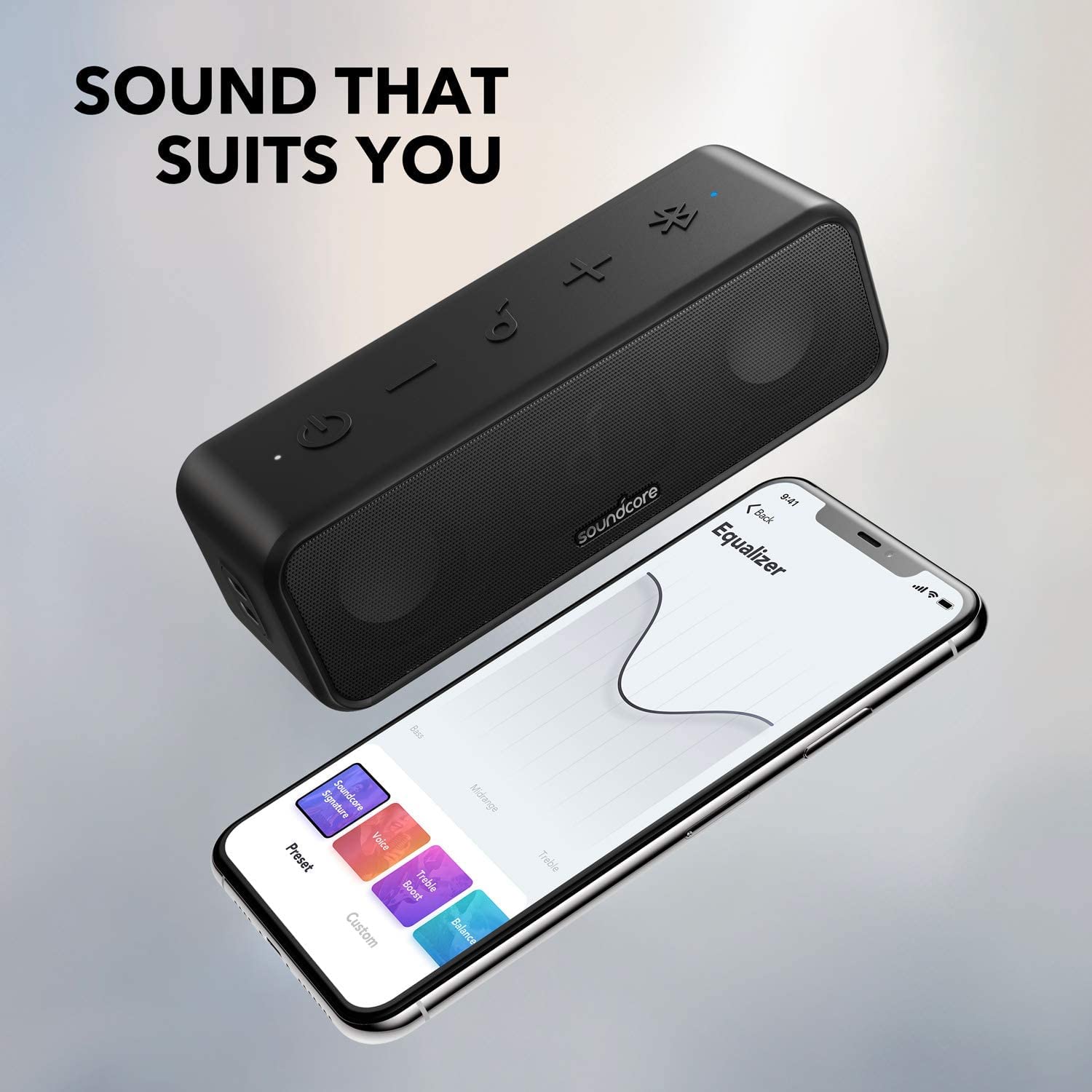Pantalla de la app Soundcore mostrando ecualizador y control personalizado