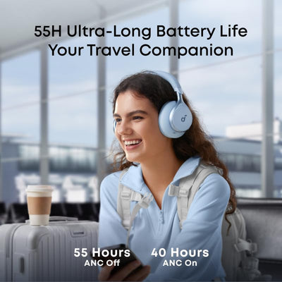 Soundcore Anker worn by commuter on train demonstrating adaptive ANC for noisy travel