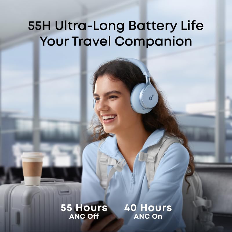Soundcore Anker worn by commuter on train demonstrating adaptive ANC for noisy travel