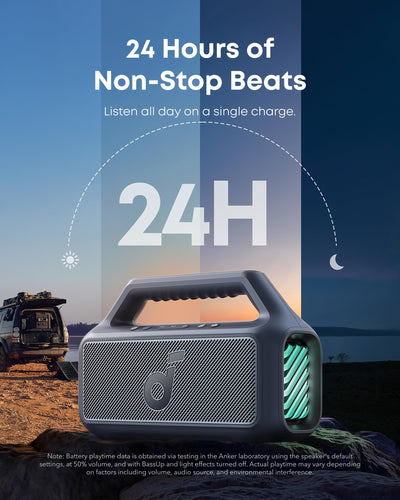 Soundcore Boom 2 paired with Soundcore app showing EQ control and mood lights