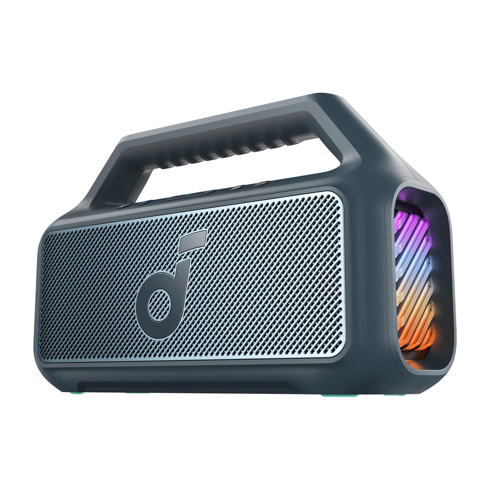 Soundcore Boom 2 front view showing speaker grille and balanced sound benefits