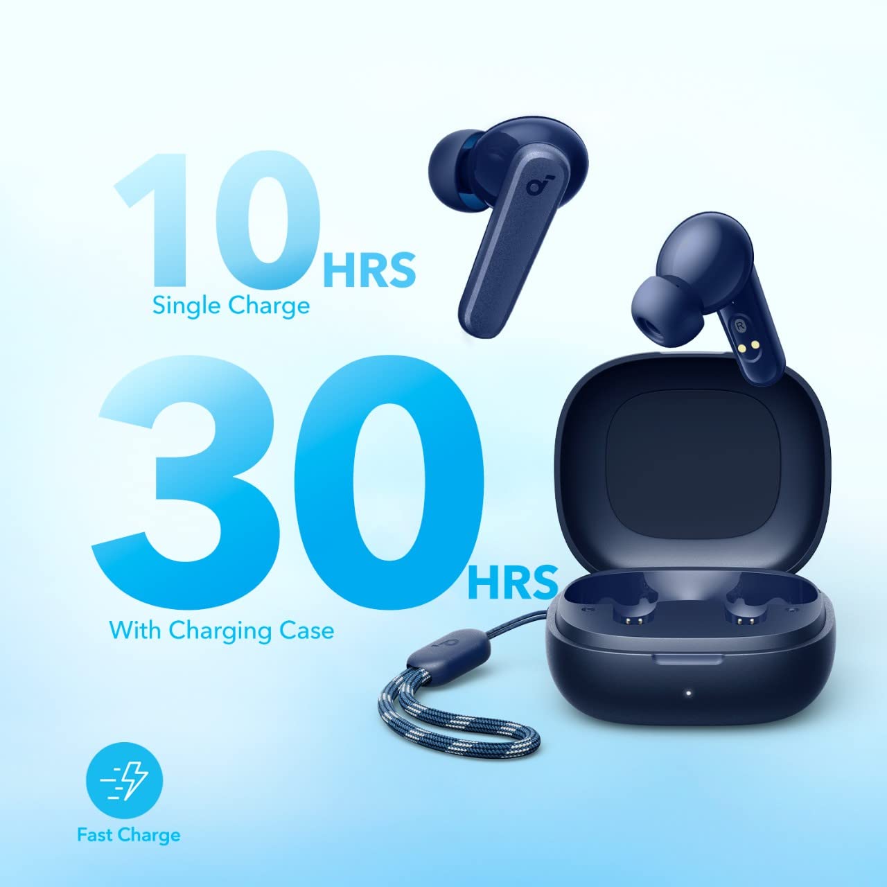 Soundcore P20i etiqueta y diseño de carcasa, beneficio: estética moderna y transporte cómodo