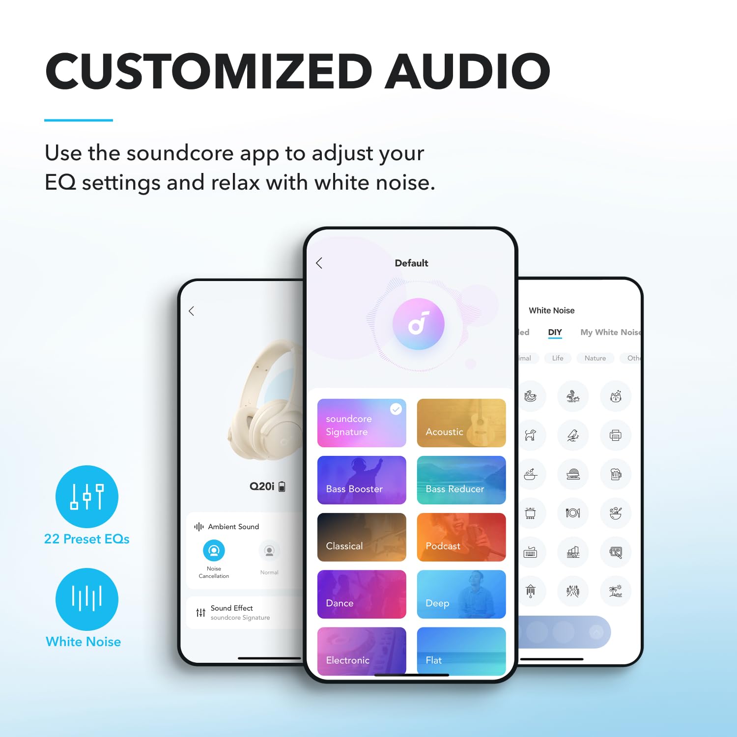 Soundcore Q20i en uso por viajero con cancelación activa mejorando concentración