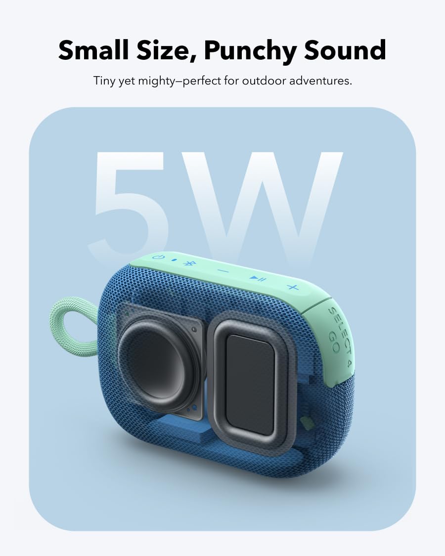 Soundcore Select 4 Go comparado con una mano para escala, Soundcore tamaño compacto portátil