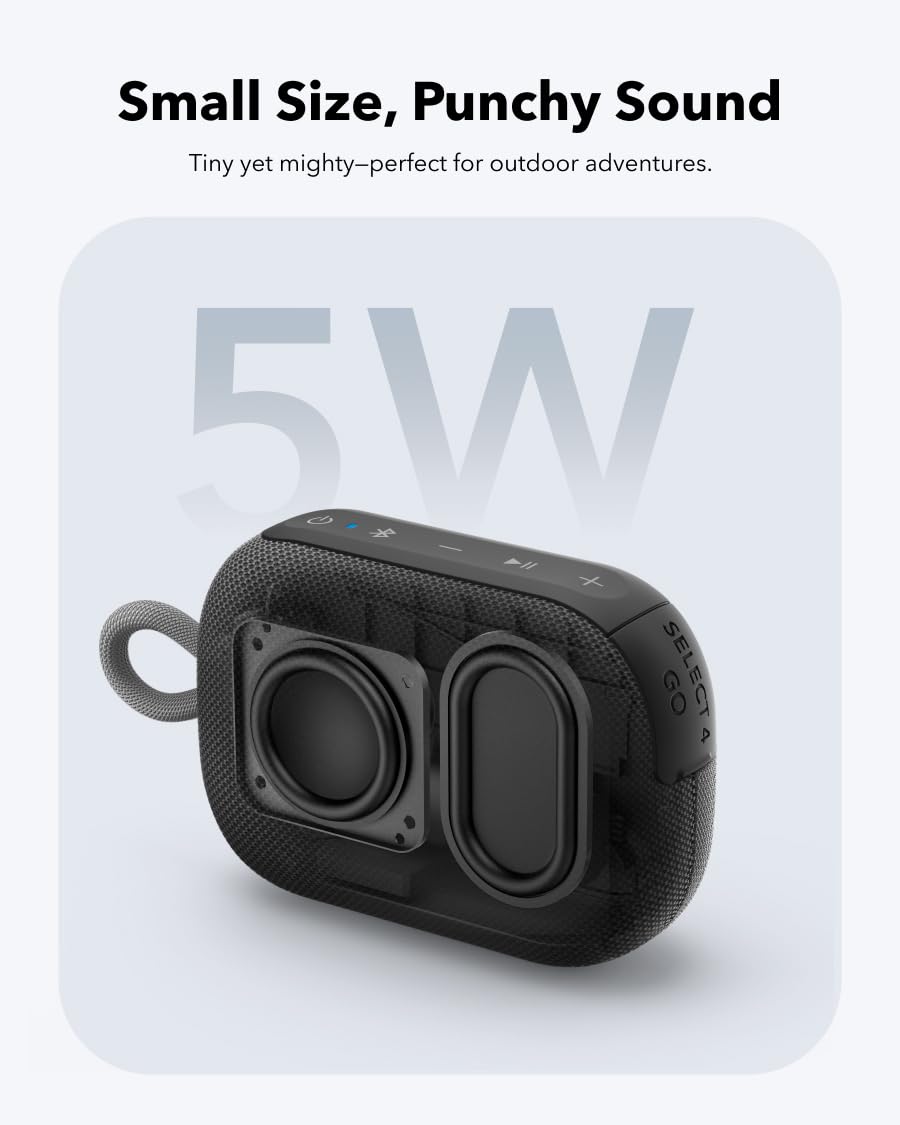 Soundcore Select 4 Go etiqueta y botones ilustrando emparejado Bluetooth fácil