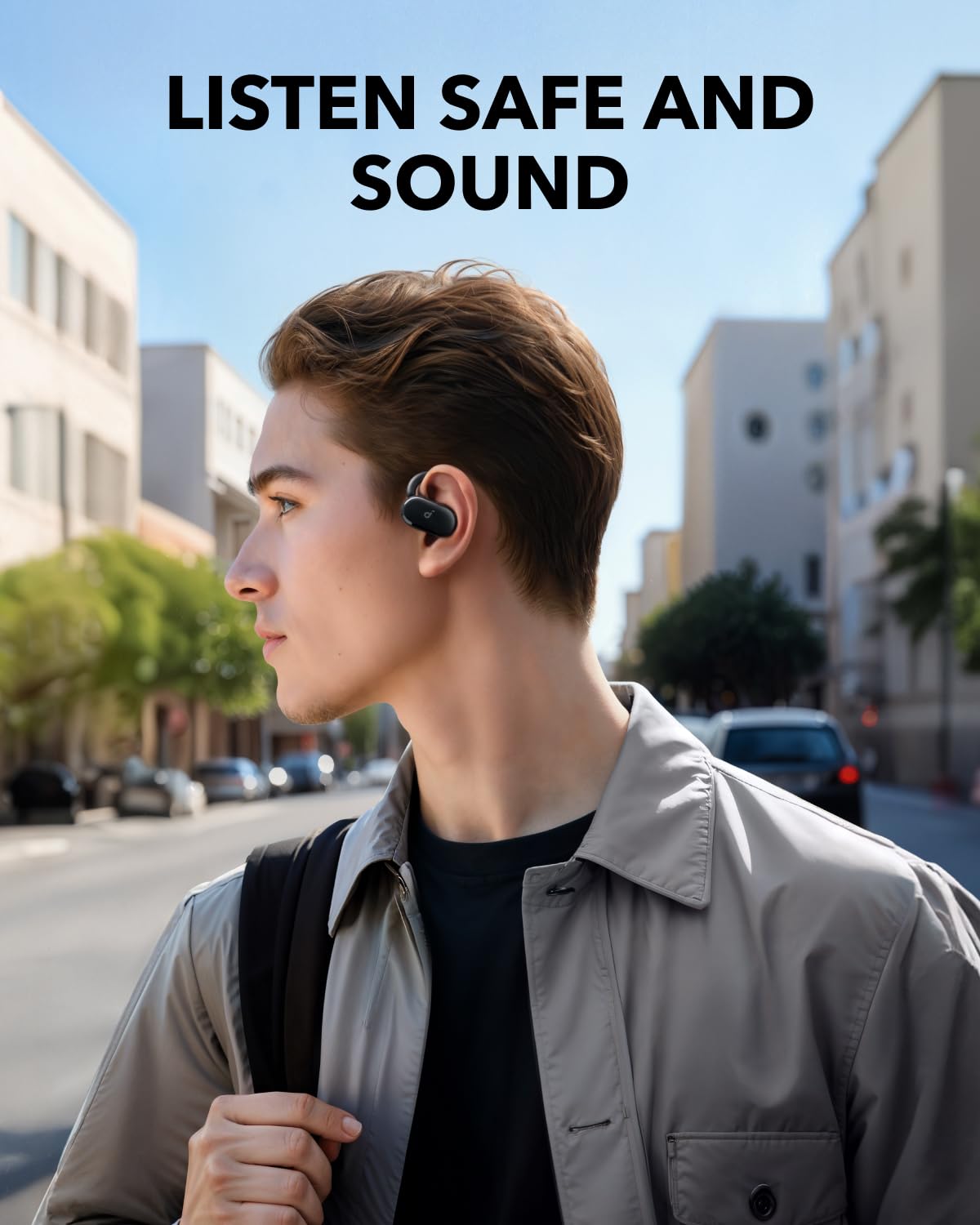 Soundcore V20i usado en carrera urbana para seguridad y audición ambiental