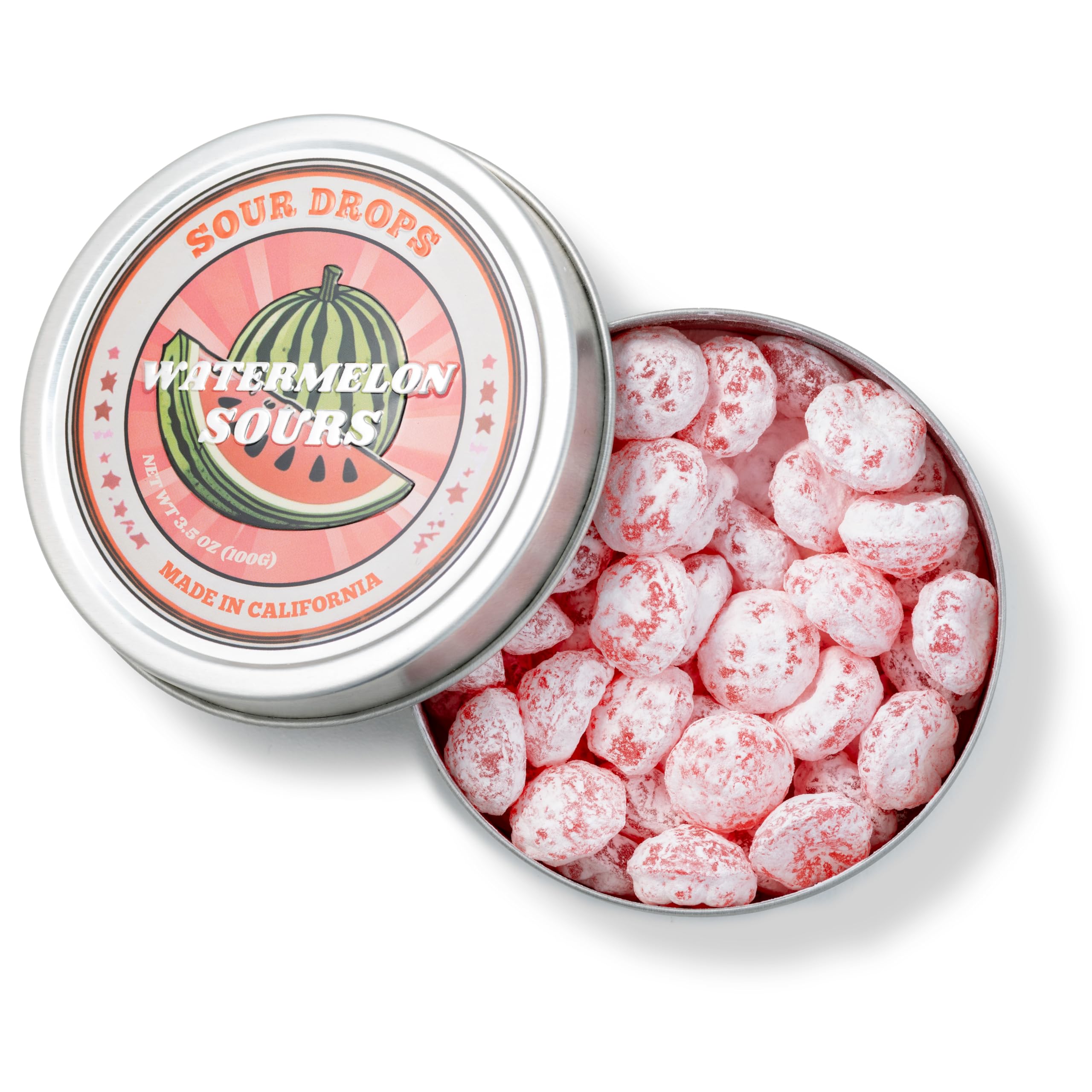 Sour Drops etiqueta de la lata mostrando información y diseño reutilizable