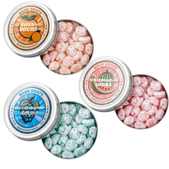 Sour Drops frente de las tres latas mostrando variedades y conveniencia