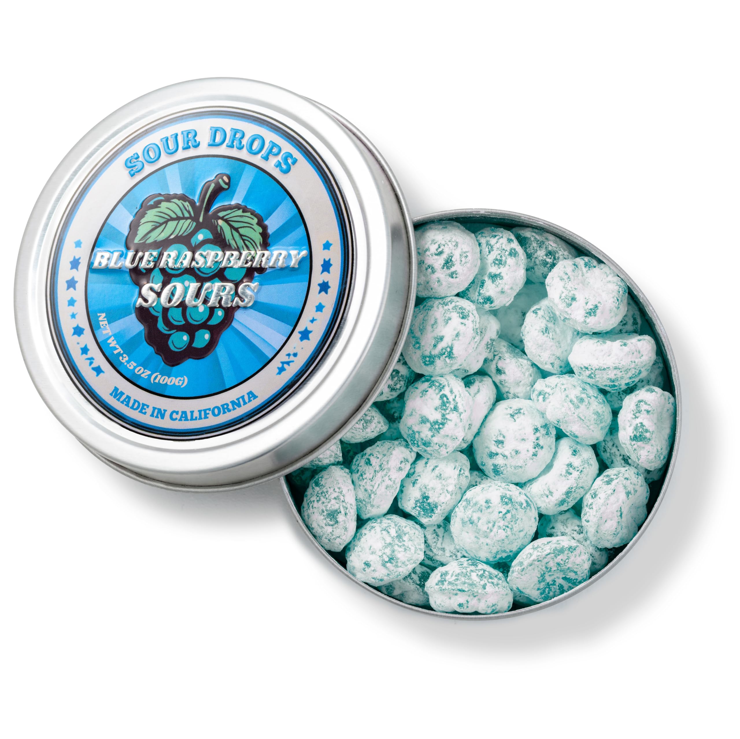 Sour Drops lata abierta con caramelos listos para servir y fácil acceso