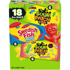 Sour Patch Kids y SWEDISH FISH empaque frontal mostrando variedad y conveniencia