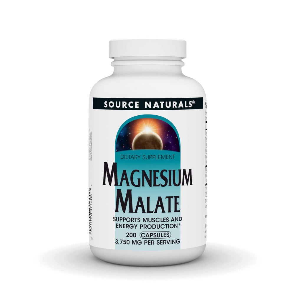 Source Naturals frasco frontal de Magnesium Malate mostrando presentación y beneficio de suministro prolongado
