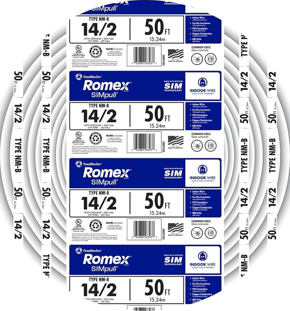 Southwire Romex vista frontal del paquete, facilita identificación rápida