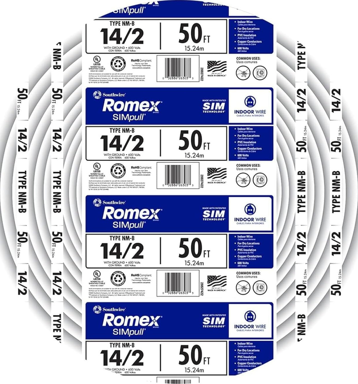 Southwire Romex vista frontal del paquete, facilita identificación rápida