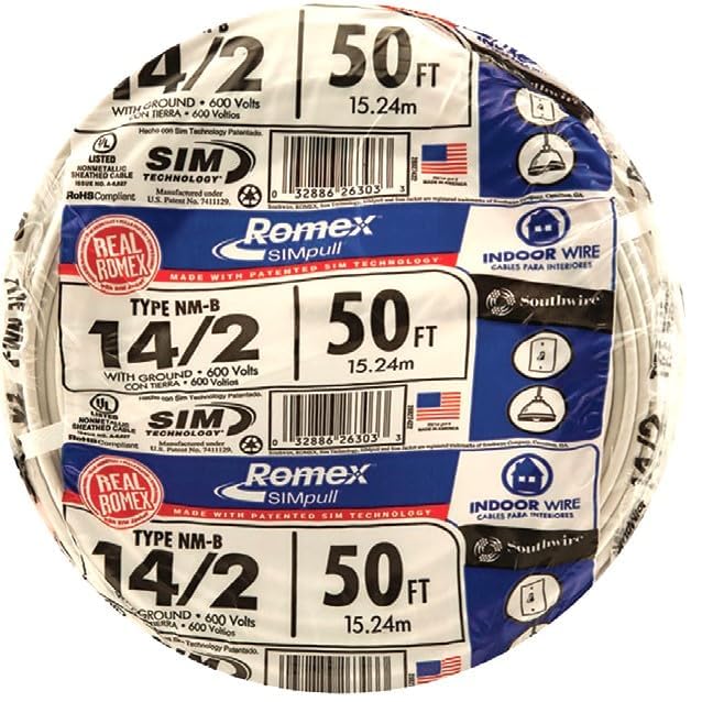 Southwire Romex etiqueta con especificaciones, confirma voltaje y calibre