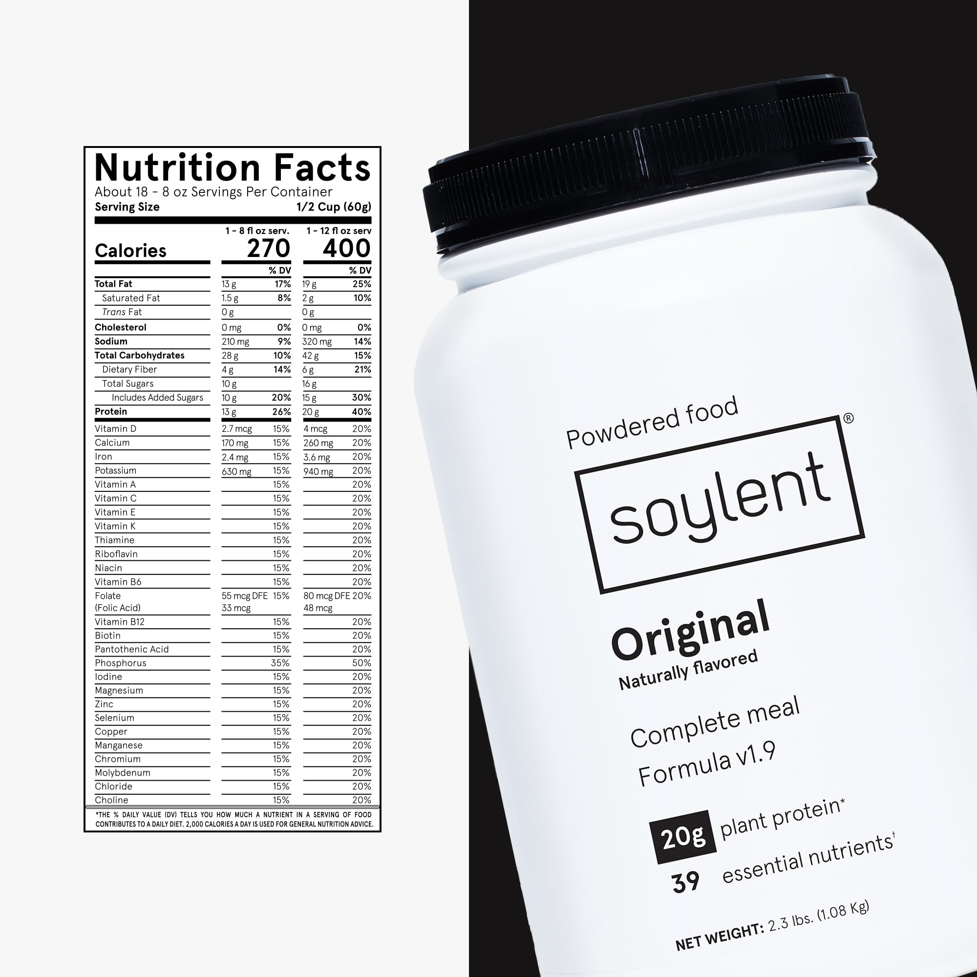 Etiqueta nutricional de Soylent destacando los 39 nutrientes esenciales