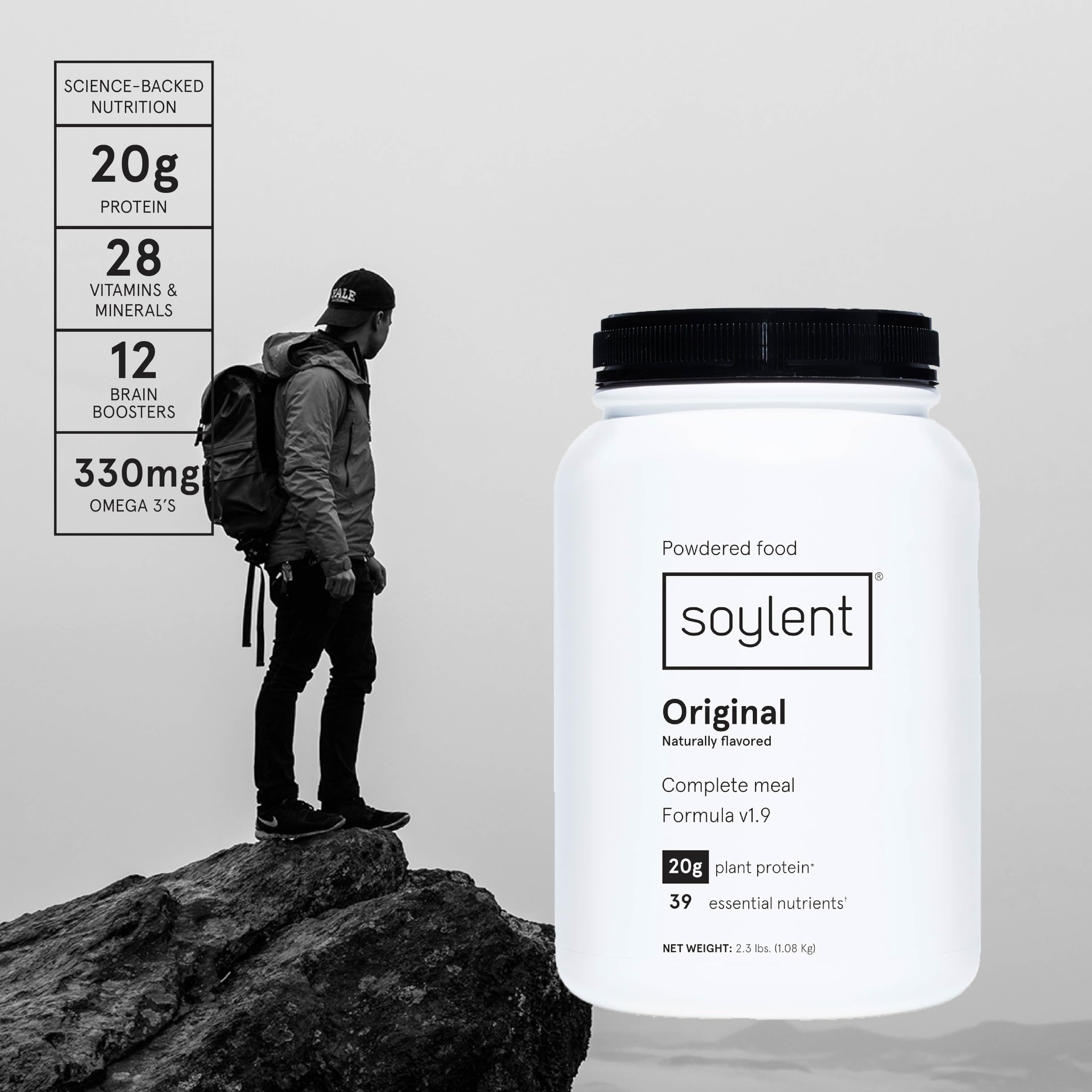 Soylent polvo en primer plano mostrando textura cremosa y mezcla fácil