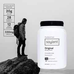 Soylent polvo en primer plano mostrando textura cremosa y mezcla fácil