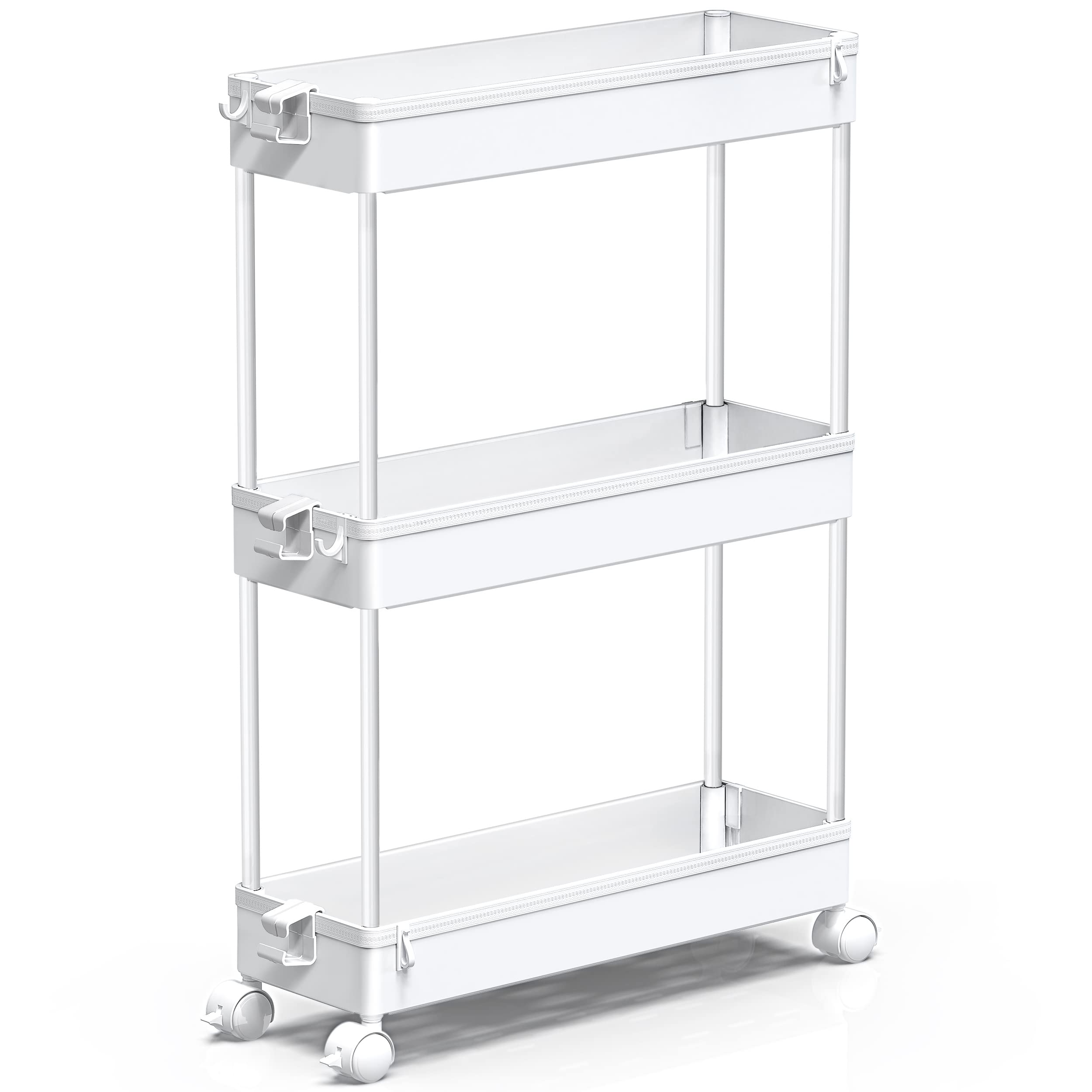 SPACEKEEPER front view of white slim cart showing tidy storage benefit