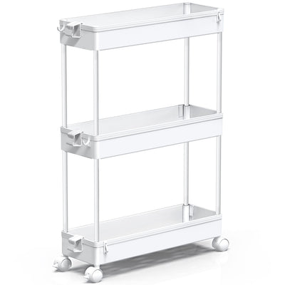 SPACEKEEPER front view of white slim cart showing tidy storage benefit