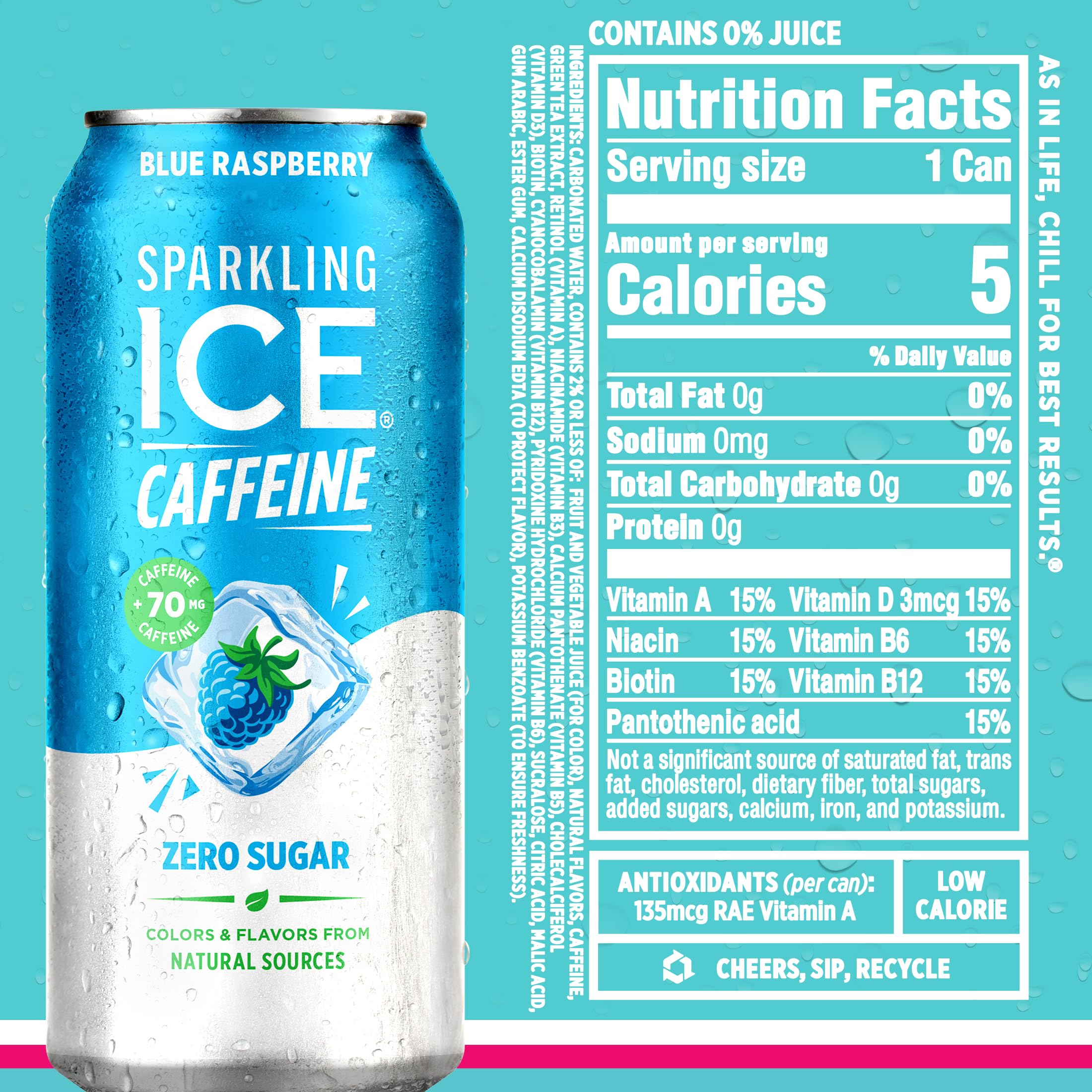 Sparkling Ice etiqueta con listado de vitaminas y antioxidantes visible