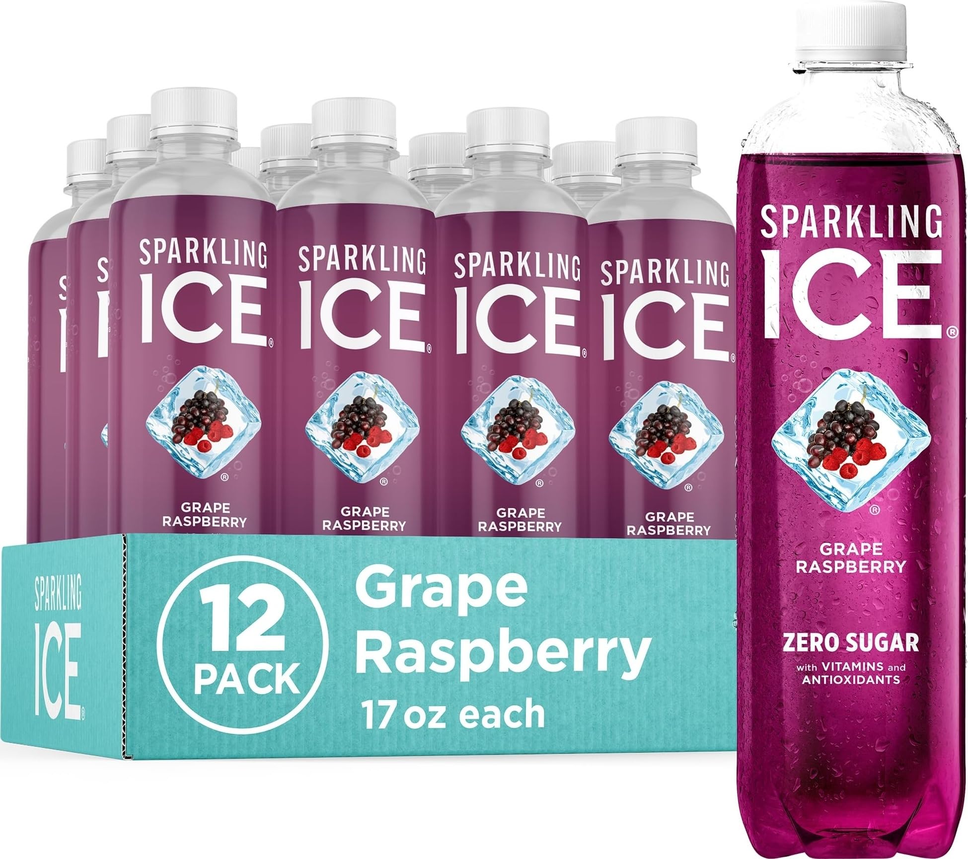 Sparkling Ice frontal pack de 12 botellas mostrando variedad y conveniencia
