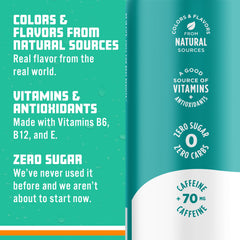 Sparkling Ice detalle de la etiqueta con información de cafeína y vitaminas visibles