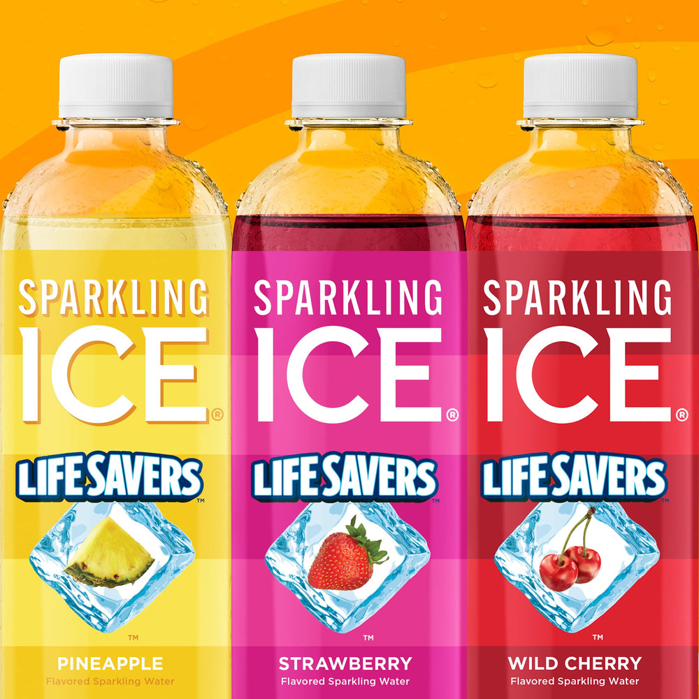 Sparkling Ice LIFESAVERS piña etiqueta con vitaminas y texto nutricional claro