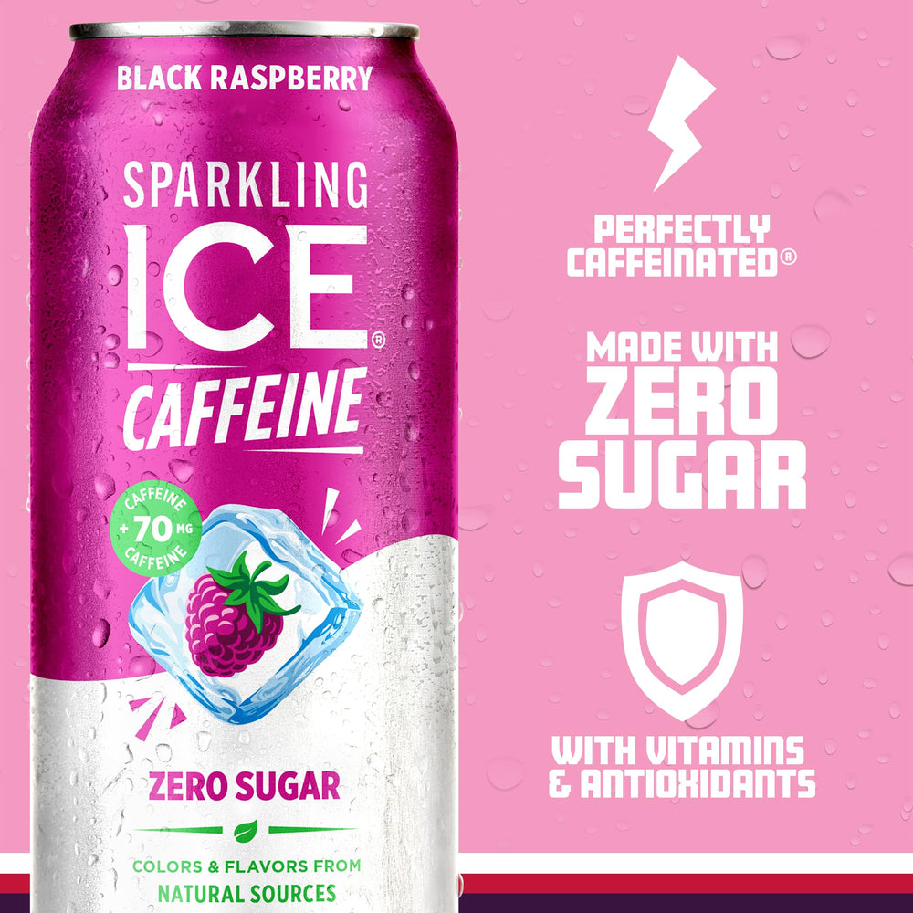 Pack de 12 latas Sparkling Ice Black Raspberry apiladas, conveniente para eventos