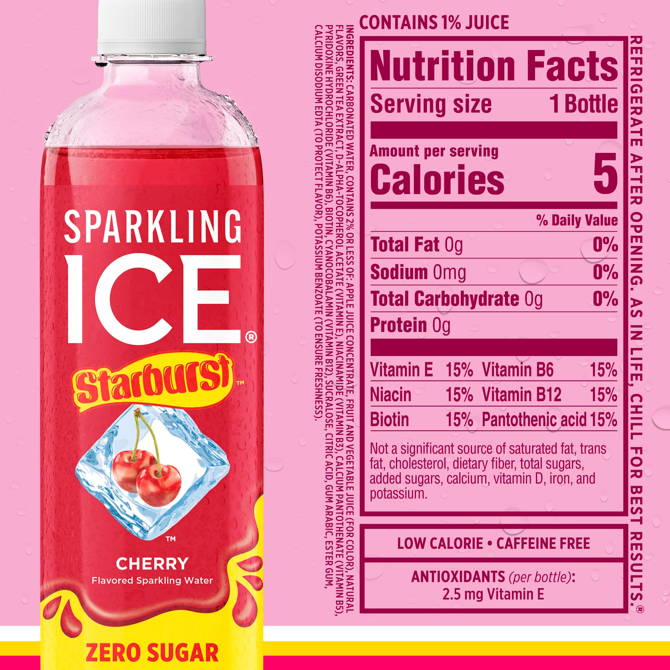 Sparkling Ice etiqueta donde se aprecian vitaminas B6 B12 y E añadidas