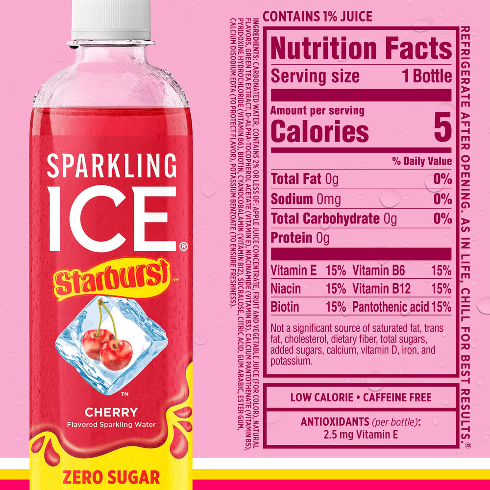 Sparkling Ice etiqueta donde se aprecian vitaminas B6 B12 y E añadidas