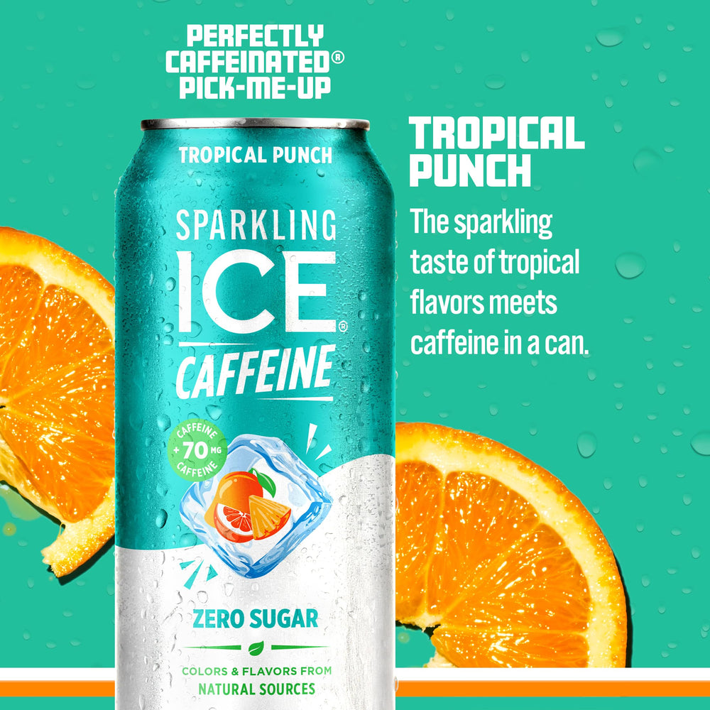 Sparkling Ice lata Tropical Punch abierta con burbujeo visible y atractivo refrescante