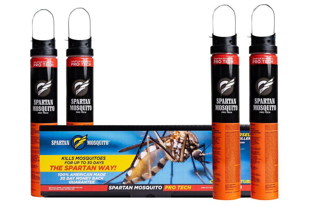 SPARTAN MOSQUITO front packaging showing four-tube acre pack and benefit of easy perimeter protection