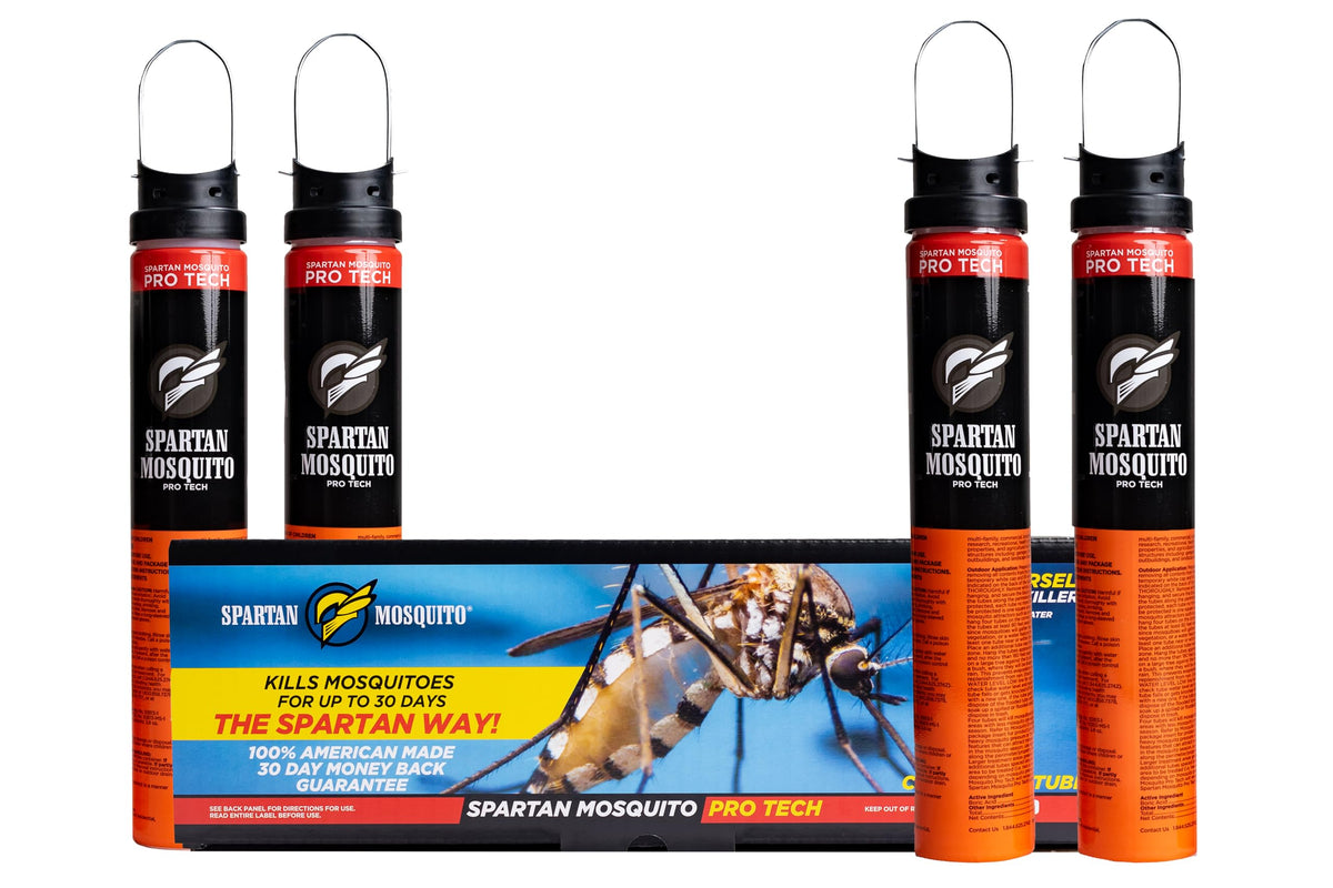 SPARTAN MOSQUITO front packaging showing four-tube acre pack and benefit of easy perimeter protection