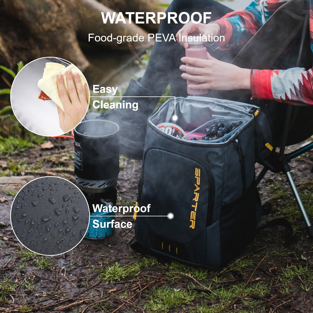 SPARTER cooler worn by person at beach showing hands-free transport benefit