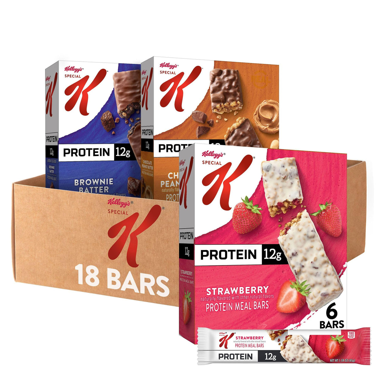 Kellogg's Special K paquete frontal mostrando las tres variedades y conveniencia