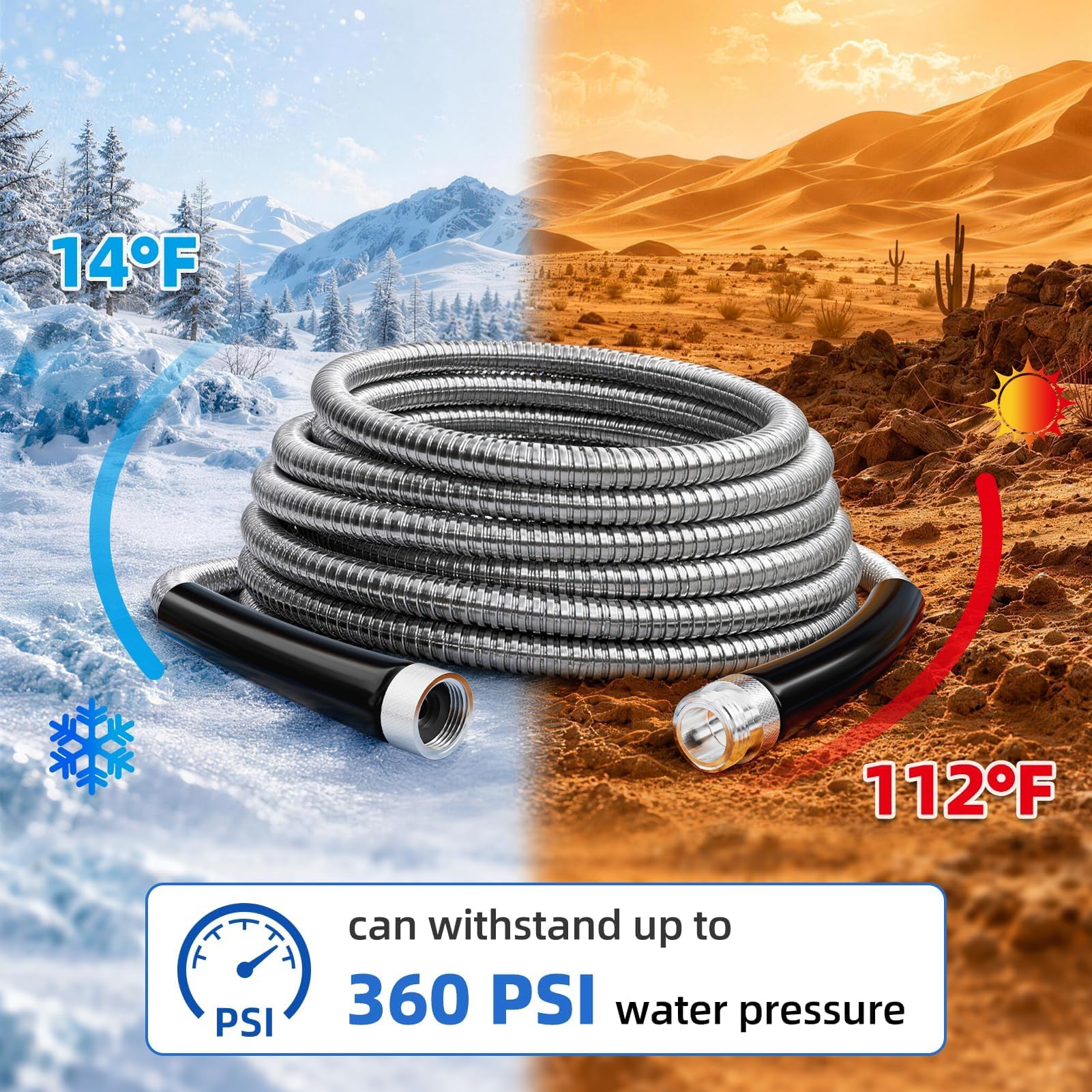 SPECILITE manguera extendida comparada para mostrar alcance de 50ft