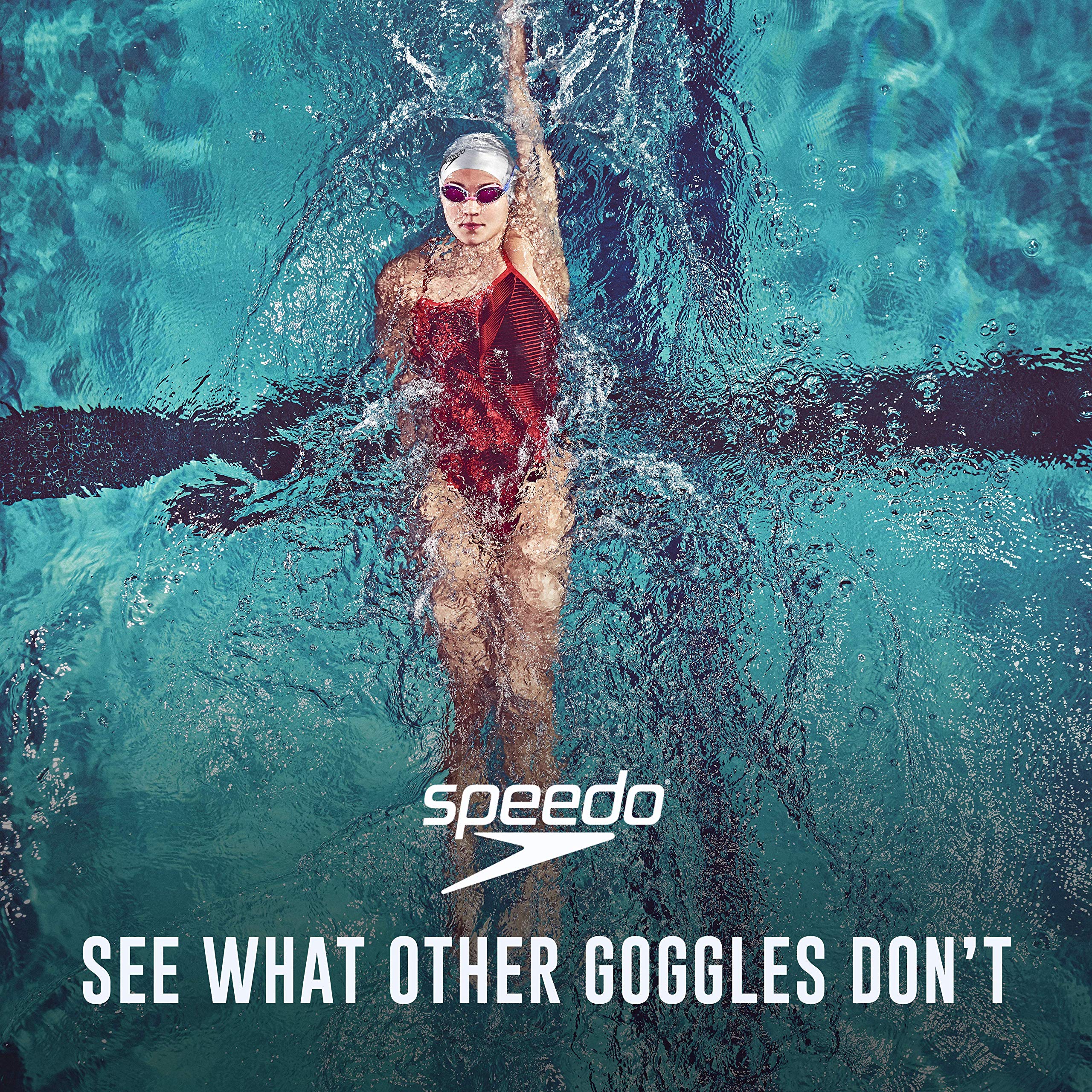 Speedo Vanquisher 2.0 on poolside with sunlight showing outdoor visibility benefit