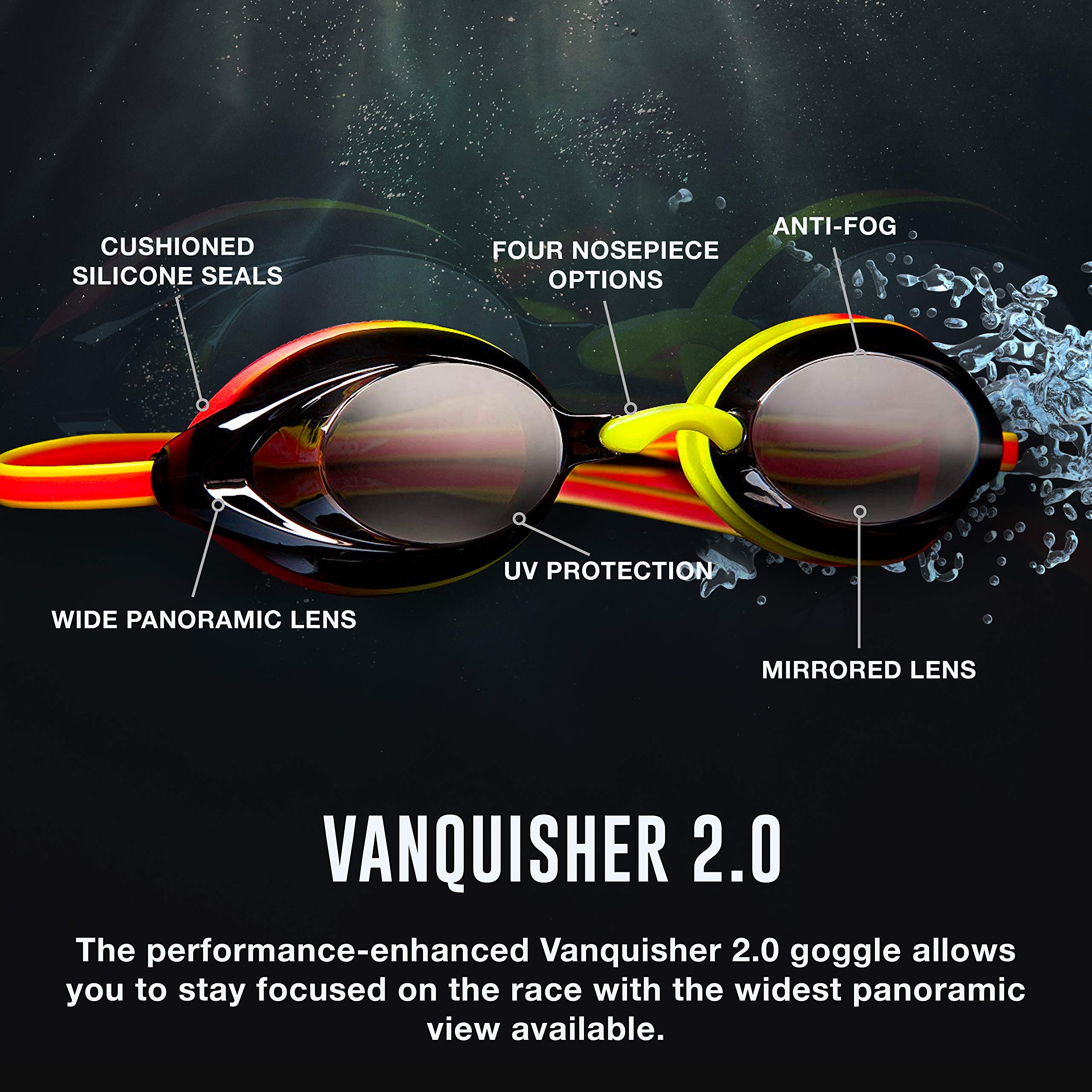 Speedo Vanquisher 2.0 packaging and label showcasing product info and retail-ready benefit
