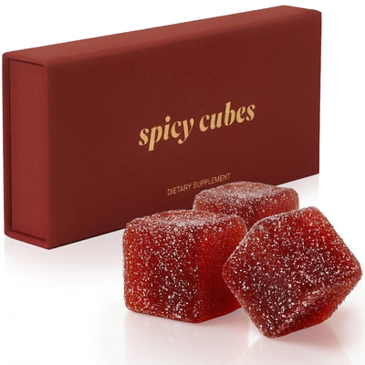 Spicy Cubes front packaging shows peach design and discreet gift-ready box