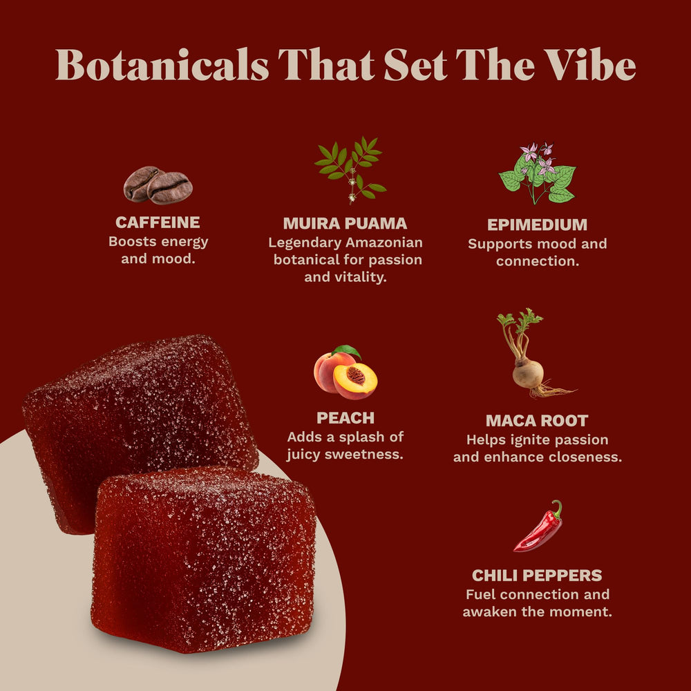 Spicy Cubes ingredients display with maca root and botanicals highlighting natural support