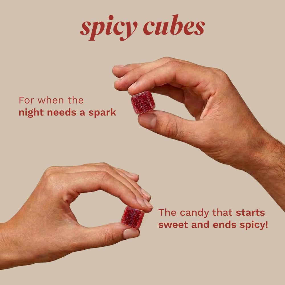 Opened Spicy Cubes pack with gummies inside for travel-friendly convenience