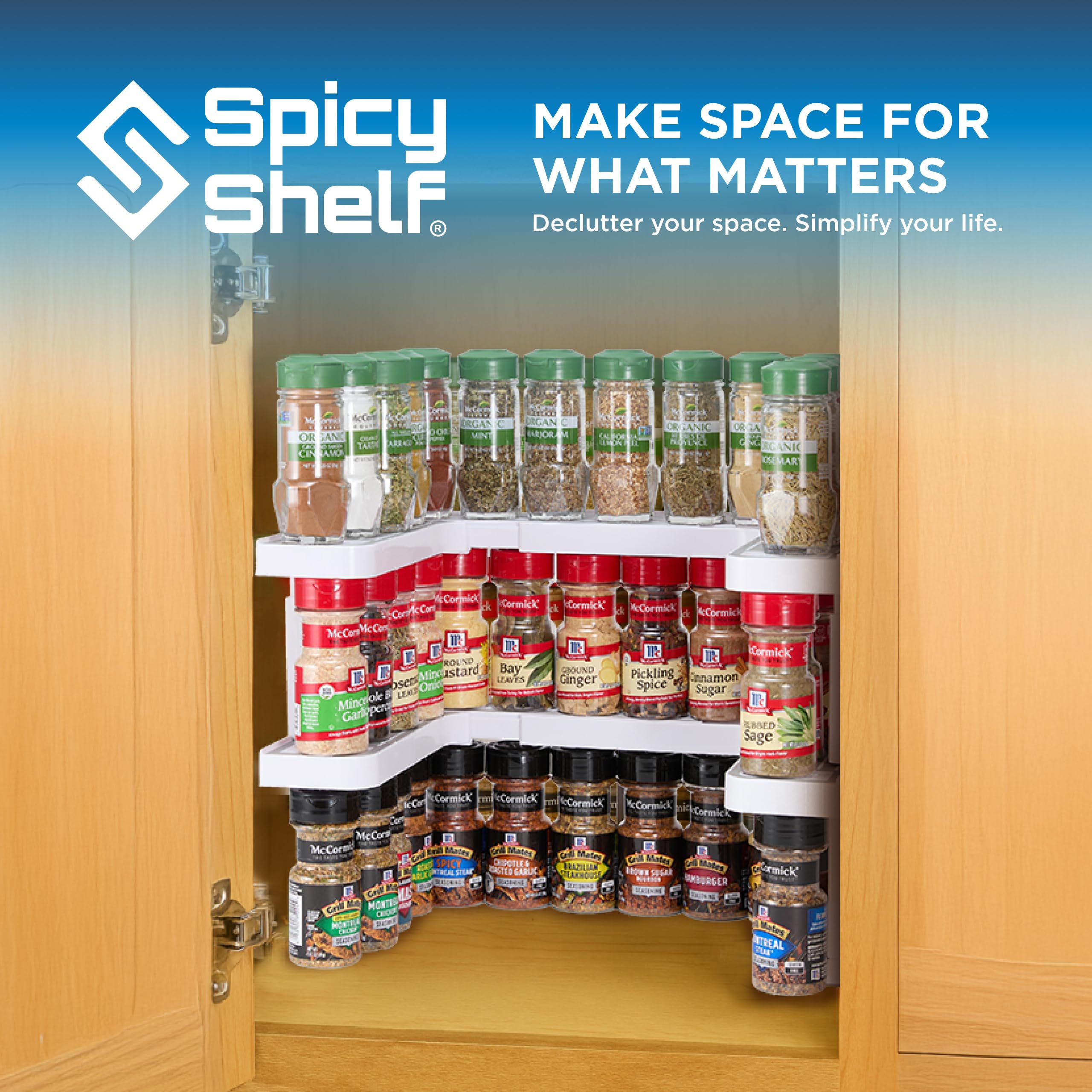 Spicy Shelf en cocina organizada mostrando beneficio de visibilidad inmediata